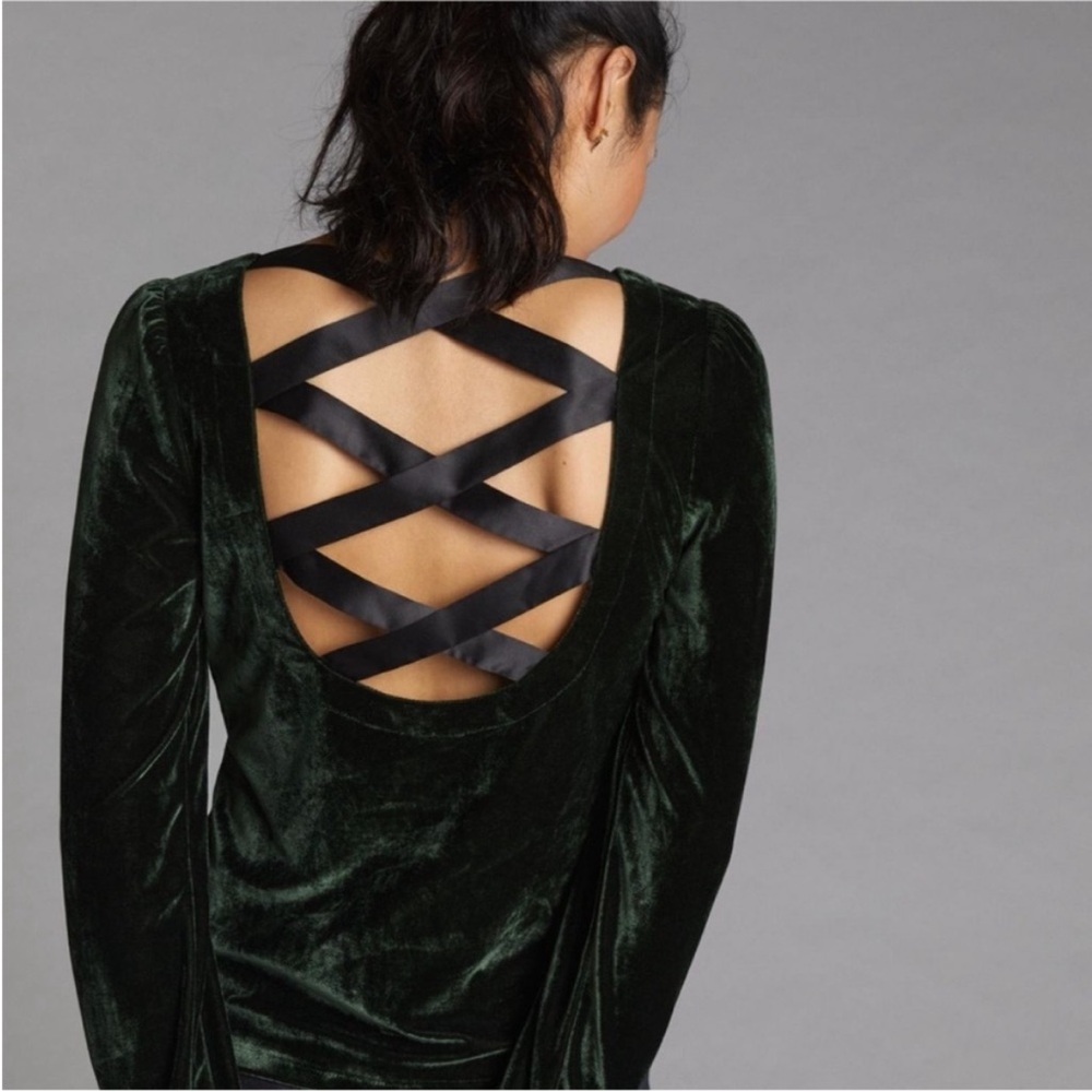 Anthropologie XL Green Velvet Long Sleeve Blouse with Black Crisscross Back